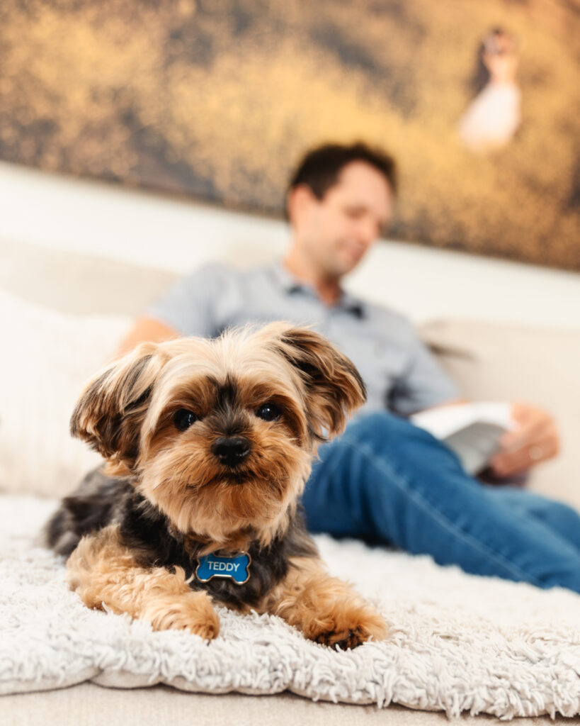 Lifestyle portrait of individual with pet dog—captured by Art of Portraits® for personal branding and pet photography.